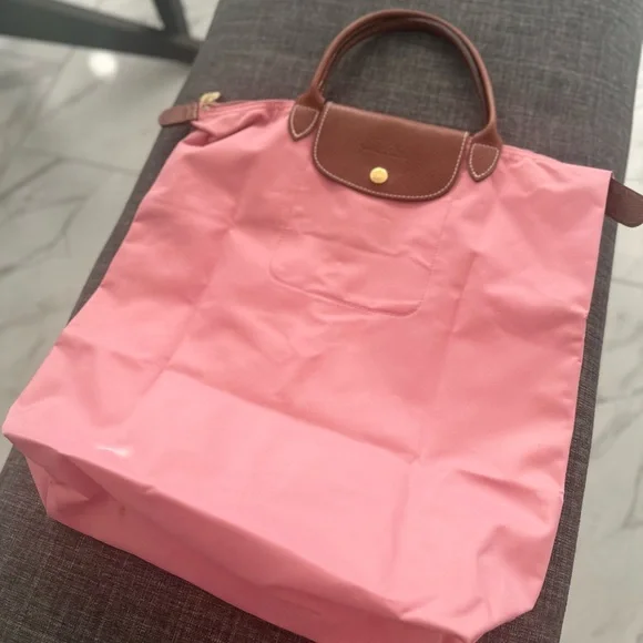 Longchamp Pink Tote Bag with Brown Leather and Zipper Closure - Picture 2 of 16